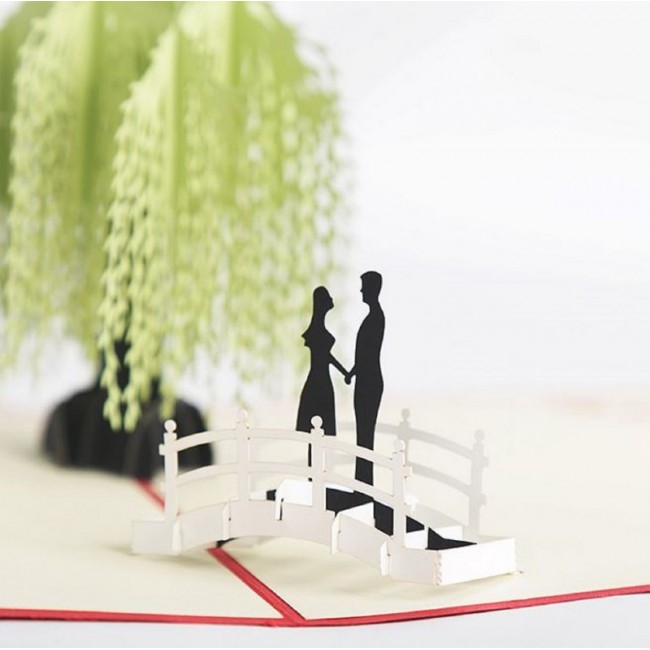 Handmade 3d Pop Up Card Couple On The Bridge Green Willow Tree Valentines Birthday Easter Engagement Wedding Anniversary Party Invitation Card Gift For Him Her Friend Family